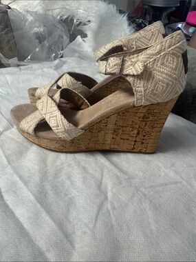 TOMS Beige Woven Ankle-Strap Wedge Sandals